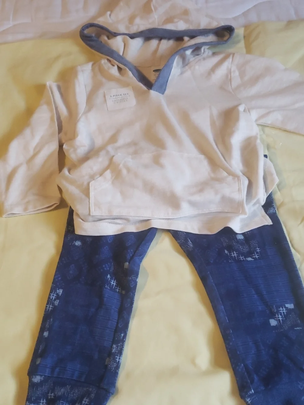 Old Navy Cream Hoodie with Navy Blue Patterned Leggings